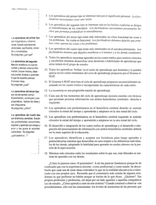 URL ·,',· PROFA SR 
Los aprendices del primer tipo 
son imaginativos y observa­dores, 
buscan asociaciones 
personales, significados, conec­tan 
y complidados. 
Se preguntan ~por que? 
Los aprendices del segundo 
tipo son anaifticos a 10 que es­cuchan 
y piensan sobre la infor­macion, 
buscan hechos, ideas 
que puedan analizar y aprenden 
10 que los expertos piensan. 
Formulan ideas. 
Se preguntan ~que? 
Los aprendices del tercer tipo 
son los del sentido comun. 
Experimentan, construyen y son 
pragmaticos. Aplican las ideas y 
son chapuceros. 
Se preguntan ~c6mo? 
Los aprendices del cuarto tipo 
son dinamicos y sensibles. Buscan 
las posibilidades escondidas, 
exploran y aprenden por ensayo y 
error y les gusta el autodes­cubrimiento. 
Se preguntan 
. .. ? 
~que pasana Sl .... 
! 
I 
I 
I 
.....1 
5. Los aprendices del primer tipo se interesan mas por el significado personal. Los f aci­litadares 
necesitamas crear una razon. 
6. Los aprendices del segundo tipo se interesan mas en los hechos conforme se dirigen 
al entendimiento de los conceptos. Los facilitadares necesitamas presentarles he­chas 
que permitan praJundizar el entendimienta. 
7. Los aprendices del tercer tipo estan mas interesados en c6mo funcionan las cosas 0 
los problemas. Su visi6n es funcional. Losfacilitadares debemas dejarles que prue­ben 
como aperan las casas a los problemas. 
8. Los aprendices del cuarto tipo estan mas interesados en el autodescubrirniento. Los 
facilitadares tenemas que dejarles ensefiarse a Sl mismas y a los demos estudiantes. 
9. Todos los aprendices necesitan aprender en los cuatro estilos para sentirse c6modos 
y satisfechos mientras desarrollan otras destrezas 0 habilidades de aprendizaje que 
otros tienen en el grupo de estudio. 
10. Todos los aprendices ' brillan ' en el estilo de aprendizaje que dominan y 10 pueden 
aplicar en los cuatro momentos del ciclo de aprendizaje propuesto por el Sistema 4- 
MAT. 
11. El Sistema 4-MAT atraviesa el ciclo de aprendizaje propuesto secuencialmente en­sefiando 
en los cuatro estilos e incorporando las caracterfsticas de cada estilo. 
12. La secuencia es una progresi6n natural de aprendizaje. 
13. Cada uno de los momentos del ciclo de aprendizaje necesita ensefiar con tecnicas 
que perrnitan procesar informaci6n con ambos hemisferios cerebrales -derecho e 
izquierdo. 
14. Los aprendices con predominancia en el hernisferio cerebral derecho se sentiran 
c6modos la rnitad del tiempo y aprenderan a adaptarse en la otra rnitad del ciclo. 
15. Los aprendices con predorninancia en el hernisferio cerebral izquierdo se sentiran 
c6modos la rnitad del tiempo y aprenderan a adaptarse en la otra rnitad del ciclo. 
16. El desarrollo e integraci6n de los cuatro estilos de aprendizaje y el desarrollo e inte­graci6n 
del procesarniento de informaci6n con ambos hernisferios cerebrales deberfa 
ser la meta superior de la educaci6n. 
17. Los aprendices identifican y aceptan sus fortalezas para luego aprender a 
potencializarlas rnientras que desarrollan un sano respeto a las diferencias individua­les 
de los demas, adoptando la habilidad para aprender en modos altemos sin la pre­si6n 
de la equivocaci6n. 
18. Mientras mas c6modos esten los estudiantes sobre 10 que son, mas liberados se sen­tiran 
de aprender con los demas. 
l,C6mo Ie parecen estos 18 postulados? A mi me parecen fantastic os porque he de 
confesarle que con la experiencia docente --como profesional y como madre- he descu­bierto 
que cada una de estas ideas contradice 10 que en la realidad educativa he eviden­ciado 
con rnis propios ojos. Recuerdo que el comentario mas comun de algunos estu­diantes 
es que prefieren no hablar porque se burlan de 10 que dicen. l,Quienes? Sus 
propios profesores y profesoras, sin dejar por un lado aquellos 0 aquellas compafieros 
(as) de estudio. l, C6mo aprendi a creer en este sistema? Cuando comence a observar -sin 
procedirnientos, s610 con las corazonadas- los niveles de autoestima de las personas que 
 