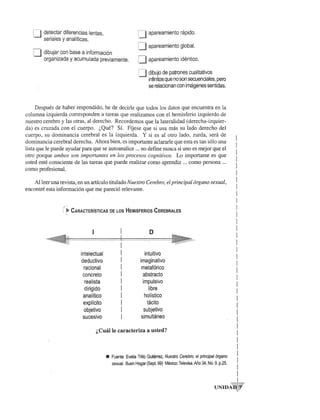 [J detectar diferencias lentas, 
seriales yanaliticas. 
o dibujar con base a infonnaci6n 
organizada y acumulada previamente. 
[.J apareamiento rapido. 
U apareamiento global. 
o apareamiento identico. 
L] dibujo de patrones cualitativos 
infinitos que no son secuenciales, pero 
se relacionan con imagenes sentidas. 
Despues de haber respondido, he de decirle que todos los datos que encuentra en la 
columna izquierda corresponden a tareas que realizamos con el hemisferio izquierdo de 
nuestro cerebro y las otras, al derecho. Recordemos que la lateralidad (derecha-izquier­da) 
es cruzada con el cuerpo. l,Que? Sf. Ffjese que si usa mas su lade derecho del 
cuerpo, su dominancia cerebral es la izquierda. Y si es al otro lado, zurda, sera de 
dominancia cerebral derecha. Ahora bien, es importante aclararle que esta es tan solo una 
lista que Ie puede ayudar para que se autoanalice ... no define nunca si uno es mejor que el 
otro porque ambos son importantes en los procesos cognitivos. Lo importante es que 
usted este consciente de las tareas que puede realizar como aprendiz ... como persona ... 
como profesional. 
Al leer una revista, en un articulo titulado Nuestro Cerebro, el principal6rgano sexual, 
encontre esta informacion que me pareci6 relevante. 
/" 
" ~ CARACTERlsTICAS DE LOS HEMISFERIOS CEREBRALES 
o 
.................... 
intelectual intuitivo 
deductivo imaginativo 
racional metaf6rico 
concreto abstracto 
realista impulsivo 
dirigido libre 
analitico holistico 
explicito tacito 
objetivo subjetivo 
sucesivo simultaneo 
;,Cmille caracteriza a usted? 
• Fuente: Evelia Trillo Gutierrez, Nuestro Cerebro, el prindpal 6rgano 
sexual. Buen Hogar (Sept. 99) Mexico: Televisa. Mo 34, NO.9. p.25. 
I 
I 
I 
I 
I 
I 
I 
I 
I 
I 
I 
I 
I 
! 
I 
I 
I 
I 
I 
I 
! 
I 
I 
I 
I 
I 
I 
I 
I 
I 
I 
I 
I 
I 
! 
! 
UNIDAQ:" 
 