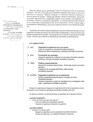 S~~r la intcresante 
analiz~u' ell)(Tfil del .. 
egr-esa.do de su jn~-titud()n. .·: ..... 
,:.que !lace ktinstitucitin 
para fanll'HUu' estas 
actitudes? ... 
(,yen que medida 
10 haec? S.i no 10 h:.lce, 
cs bU('no crnpczar ./ 
a pensar c()mo hacerlo .... / 
.... -.~ ....... . '.' 
......... 
Sabemos, tambien que el aprendizaje conlleva la interaccion entre los hernisferios 
cerebrales. Por ello, Ie recuerdo que el hemisferio izquierdo opera mejor a traves de la 
estructura y la secuencia. Prefiere el lenguaje, es secuencial, examina los elementos y 
tiene un numero de sentidos. Trabaja para analizar 0 refutar la infonnacion. El hernisfe­rio 
derecho opera fuera de sf, comprende imagenes, busca patrones, crea metaforas y es 
simultaneo. Sintetiza y consolida la infonnaci6n. La interacci6n entre ambos hernisfe­rios 
es crucial para el aprendizaje de alto nivel y para pensar. Pro vee un gran rango y 
profundidad de entendimiento y provoca la expresion creativa y la resoluci6n de proble­mas. 
: Al principio del modelo, des de la Experi~ncia Concreta en direccion del reloj, se da una 
,; progresion curricular que ineluye los cuatro estilos de aprendizaje y utiliza las tecnicas que 
. utilizan los hemisferios cerebrales. Esta progresi6n es un metodo de aprendizaje de sentido 
comun. Se toma cada cuadrante en funcion de las actividades de aprendizaje asf: 
CUADRANTES: 
t," UNO Integrando la experiencia con uno mismo 
Crear una experiencia concreta (hemisferio derecho). 
Reflexionar sobre la experiencia y analizarla (hemisferio izquierdo). 
(' ~ DOS: Formulacion de conceptos 
Integrar la experiencia y reflexi6n en conceptos (hemisferio derecho). 
Examinar y formular conceptos (hemisferio izquierdo). 
~ TRES: Practica y personalizacion 
Mezclar los conceptos determinados. Ariadir algo de ellos (hemisferio 
derecho). 
Trabajar en los conceptos definidos y determinados 
(hemisferio izquierdo). 
.. CUATRO: Integrando la aplicacion con la experiencia 
Aplicar 10 aprendido personalmente y compartir con otros 
(hemisferio derecho). 
Analizar la aplicaci6n, juzgar los resultados de la investigaci6n reali­zada 
- experimento (hemisferio izquierdo). 
Despues se regresa para enriquecer las experiencias (el nivel de experiencia concre­ta) 
armados con las destrezas aprendidas moviendose alrededor del cielo. 
Al aplicar 10 anterior a la practica docente, se presentara de la siguiente manera: 
Aprendiz imaginativo: 
• Crear una razon (,por que 0 por que no? 
. Crea una experiencia (hemisferio derecho). 
Analizar la experiencia (hemisferio izquierdo). 
Aprendiz analitico: 
• Ensefiar a los demas ~que? 
Integrar la experiencia con los materiales (hemisferio derecho). 
Ensefiar las destrezas y la realidad (hemisferio izquierdo). 
 