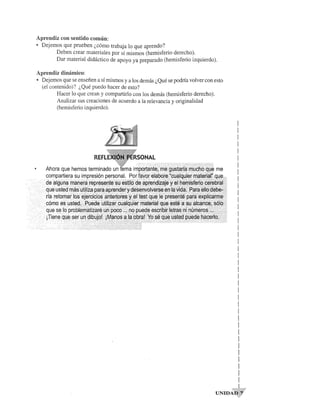 Aprendiz con sentido cornun: 
• Dejemos que prueben l,como trabaja 10 que aprendo? 
Deben crear materiales por sf mismos (hemisferio derecho). 
Dar material didactico de apoyo ya preparado (hemisferio izquierdo). 
Aprendiz dinarnico: 
• Dejemos que se ensefien a sf mismos y a los demas l, Que se podrfa vol ver con esto 
(el contenido)? l,Que puedo hacer de esto? 
Hacer 10 que crean y compartirlo con los demas (hemisferio derecho). 
Analizar sus creaciones de acuerdo a la relevancia y originalidad 
(hemisferio izquierdo). 
Ahora que hemos terminado un irT1~ti~M~;~$~U~t~tf~~0ijh6~U~ me 
compartiera su impresion personal. PodaY9rel?bqre;pG~lqlJi~fm~tel-i~:Wq4? 
.· .·.dealg4n~[l1a6~t~ [e8f~§~nt~§4~~~j'g~~~pr~OA'~~j~y§1~~i§f~~igR~f~~t~~ 
. que ·ust~q .rn.~$q}ilJzClP~t?~p.r$od~rY8~*~Qy9W~~~~QI~yiq?s· e~(9~!19q~~t 
~6~6t~~~~!~.tj~~~~~~rI~~~b~~jl~~~t~~~~lJ~~I~I~~r~~~~~~~ 
.... que s? foprobl~m~1i~iji$unpPcQ ;~; pgpu§g~es9fi~!rl~~~nih~m~rQ~ ~;1 
iTiene.qtl~$eru6~ibujp! jtY1?n9S?~P~ra,!yq$6qQgti$t~~P9~g~!;i~q~i:fg; 
I 
I 
I 
I 
I 
I 
I 
I 
I 
I 
I 
I 
I 
I 
I 
I 
I 
I 
I 
I 
I 
I 
I 
I 
I 
I 
I 
I 
I 
I 
I 
I 
I 
I 
I 
I 
I 
I 
I 
UNIDAQ7 
 