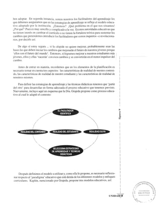 ben adoptar. En segunda instancia, somos nosotros los facilitadores del aprendizaje los 
que debemos asegurarnos que en las estrategias de aprendizaje se refleje el modelo educa­tivo 
adoptado por la instituci6n. ~E ntonces ? iQue problema en el que nos situamos! 
~Po r que') Pues es muy sencillo y complicado a la vez. Existen autoridades educativas que 
no tienen interes en cambiar el currfculo 0 no tienen la fortaleza te6rica para sustentar los 
cambios que pretendemos introducir los facilitadores que somos inquietos -0 revoluciona­rio 
s, por decirlo as!. 
De algo sf estoy segura ... si la cuspide no quiere mejorar, probablemente sean las 
bases las que deben iniciar los cambios que mejoranin el futuro de nuestros j6venes porque 
'ellos son el futuro del mundo'. Entonces, si logramos mejorar a nuestros estudiantes mcis I 
j6venes, ellos y elias 'naceran' con esos cambios y se convertinin en el motor impulsor del i 
cambio. 
Antes de entrar en materia, recordemos que en los elementos de la planificaci6n es 
necesario tomar en cuenta tres aspectos: las caracterfsticas de realidad de nuestro conteni­do, 
las caracterfsticas de realidad de nuestro estudiante y las caracterfsticas de realidad de 
nosotros mismos. 
Para definir las estrategias de aprendizaje y las tecnicas didacticas tenemos que 'partir 
del otro' para desarrollar en forma adecuada el proceso educativo que tenemos previsto. 
Nuevamente, incluyo aquf un esquema que la Dra. Grajeda propone como proceso educa­tivo 
al cualle adapte el contexto: 
-jl:lfj".p.I.le'fi,i,.I¥lii- 
Despues definimos el modele a utilizar y, como ella 10 propone, es necesario reflexio­nar 
respecto al ' paradigma' educativo que esta detras de los diferentes modelos y enfoques 
curriculares. Kaplun, mencionado por Grajeda, propone tres modelos educativos, asf: 
 