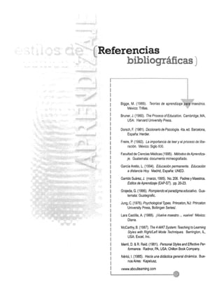 Bigge, M. (1989). Teorias de aprendiZaj;~I~~~aestros. 
Mexico: Trillas. 
Bruner, J. (1960). The Process of Education. Cambridge, MA, 
USA: Harvard University Press. 
Dorsch, F. (1981). Diccionario de PSicologia. 4ta. ed. Barcelona, 
Espana: Herder. 
Freire, P. (1992). La importancia de leer y el proceso de /ibe­racion. 
Mexico: Siglo XXI. 
Facultad de Ciencias Medicas (1995). Metodos de Aprendiza­je. 
Guatemala: documento mimeografiado. 
Garcia Aretio, L. (1994). Educacion permanente. Educacion 
a distancia Hoy. Madrid, Espana: UNED. 
Garrido Suarez, J. (marzo, 1995). No. 206. Padres y Maestros. 
Estilos de Aprendizaje (EAP-ST). pp. 20-23. 
Grajeda, G. (1996). Rompiendo el paradigma educativo. Gua­temala: 
Guategrafic. 
Jung, C. (1976). Psychological Types. Princeton, NJ: Princeton 
University Press, Bollingen Series/. 
Lara Castilla, A. (1988). iVuelve maestro ... vuelve! Mexico: 
Diana. 
McCarthy, B. (1987). The 4-MAT System: Teaching to Leaming 
Styles with Right/Left Mode Techniques. Barrington, IL, 
USA: Excel, Inc. 
Merril, D. & R. Reid. (1981). Personal Styles and Effective Per­formance. 
Radnor, PA, USA: Chilton Book Company. 
Nerici, I. (1985). Hacia una didactica general dinamica. Bue­nos 
Aires: Kapelusz. 
vwww.aboutleaming.com 
 