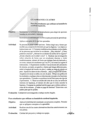 Actividad: 
r#Jr~Jq$ !~st~l~"""u"~",,,, que utilizan su hemisferio 
para elegir de opciones 
un plan personal de aprendizaje. 
han aprendido. 
opciones. Deben elegir uno y tienen que 
escribir una composicion diciendo por que la eligieron. Los topicos e 
instrucciones son: 1. Comparar estadfsticas de accidentes con las edades 
de las personas que tuvieron los accidentes. l,Ray relacion? l,Como 
podemos conduir? l,Afectan los accidentes lastarifas de los seguros? 
l,Existe relacion con la edad 0 sexo? 2. Realizar una investigacion 
sobre relacion de horas que un estudiante duerme y rinde 
acadernicamente, numero de horas que trabajan fuera de laescuela y 
sus notas, numero de estudiantes que yen TV y su~ notas '{sesugiere el ' 
instrumento). 3. Experimento cientifico: Con uniresorte del Laboratorio 
de ciencias, un metro, un gancho y objetos qri~ fehgan diferente peso, 
rnida la longitud del resorte sin peso y cu~t<2 /se estifft,il1t~tN~~ un ' 
peso. Apunte los datos en dos colurnnas ... pe~§q ¥Ilongitud del resorte. 
Asegtirese de iniciar su tabla con cero de peso. Dibuje una gnillca de 
los resultados y explique cOmo se relaciona este concepto a las funciones 
que aprendimos. Consulte a su profesor (a) de Ffsica para otro tipo de 
experirnentos. 4. Racer un estudio del costo de su casa, las tarifas de 
intereses de hipotecas, el ntimero de afios que Ie toma cancelar la ' 
hipoteca Computar la cantidad total de pagos que se deben realizar y , 
costo de los rnismos. l,Cmmto se paga de intereses? Entreviste a sus : 
padres para que Ie ayuden. 
Evaluacion: Cali dad de la investigacion 0 trabajo escrito elegido. 
Para estudiantes que utilizan su hemisferio cerebral izquierdo. 
Objetivo: 
Actividad: 
Aplicar la habilidad del estudiante a un proyecto completo. Perrnitir 
que se apliquen conceptos a 10 aprendido. 
Realizar una de las cuatro altemativas descritas anteriormente con 
una pareJa. 
Evaluacion: Calidad del proyecto y trabajo en equipo. 
1 
I 
I 
I 
I 
I 
I 
! 
I 
! 
I 
I 
I 
! 
! 
! 
! 
I 
I 
I 
! 
! 
I 
! 
I 
I 
I 
I 
! 
! 
! 
I 
I 
I 
I 
I 
I 
! 
! 
! 
 
