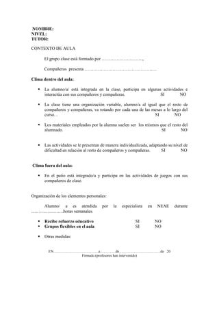 NOMBRE:
NIVEL:
TUTOR:
CONTEXTO DE AULA
El grupo clase está formado por ……………………….,
Compañeros presenta ………………………………………….
Clima dentro del aula:
 La alumno/a/ está integrada en la clase, participa en algunas actividades e
interactúa con sus compañeros y compañeras. SI NO
 La clase tiene una organización variable, alumno/a al igual que el resto de
compañeros y compañeras, va rotando por cada una de las mesas a lo largo del
curso. . SI NO
 Los materiales empleados por la alumna suelen ser los mismos que el resto del
alumnado. SI NO
 Las actividades se le presentan de manera individualizada, adaptando su nivel de
dificultad en relación al resto de compañeros y compañeras. SI NO
Clima fuera del aula:
 En el patio está integrado/a y participa en las actividades de juegos con sus
compañeros de clase.
Organización de los elementos personales:
Alumno/ a es atendida por la especialista en NEAE durante
………………….horas semanales.
 Recibe refuerzo educativo SI NO
 Grupos flexibles en el aula SI NO
 Otras medidas:
EN……………………………….a………….de…………………………….de 20
Firmado.(profesores han intervenido)
 