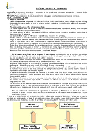 SESIÓN: EL APRENDIZAJE Y SUS ESTILOS
DESEMPEÑO 1: Demuestra conocimiento y comprensión de las características individuales, socioculturales y evolutivas de los
estudiantes y de sus necesidades especiales.
INDICADOR: Aplica, en situaciones de aula, los conocimientos pedagógicos sobre los estilos de aprendizaje con pertinencia.
PARTE I: FUNDAMENTO TEÓRICO
1.1. Estilos de aprendizaje:
Definición de estilo de aprendizaje: “Los estilos de aprendizaje son los rasgos cognitivos, afectivos y fisiológicos que sirven como
indicadores relativamente estables de cómo las personas perciben, interaccionan y responden a sus ambientes de aprendizajes”.
Keefe, (1988).
Aspectos que intervienen en los estilos de aprendizaje:
Los rasgos cognitivos tienen que ver con la forma en que los estudiantes estructuran los contenidos, forman y utilizan conceptos,
interpretan la información y resuelven los problemas.
Los rasgos fisiológicos se refieren a las características biológicas que tienen que ver con aspectos heredados y funcionamiento de
los procesos vitales de la persona.
Los rasgos afectivos incluyen las motivaciones y expectativas que intervienen en el aprendizaje.
En otras palabras, los estilos de aprendizaje son las tendencias predominantes que tienen las personas para aprender que se
reflejan en diversas estrategias, diferentes ritmos, diferentes motivaciones, las maneras peculiares de organizar la información.
Revilla en 1998, destaca que los estilos de aprendizaje son relativamente estables, aunque pueden cambiar, son susceptibles de
mejorarse y añade que cuando a los estudiantes se les enseña según su estilo de aprendizaje aprenden con más efectividad.
En las últimas décadas se han elaborado diversas teorías y modelos para explicar las diferencias en la forma de aprender. Pero, de
todas esas teorías y modelos, ¿cuál es la mejor? La respuesta es que todas y ninguna. Como docentes y según en qué parte del
proceso de aprendizaje centremos nuestra atención, unas veces nos interesará utilizar un modelo y otras veces otro. Por eso,
teniendo en cuenta el proceso de aprendizaje, vamos a destacar dos modelos:
- El aprendizaje parte siempre de la recepción de algún tipo de información. De toda la información que recibimos,
seleccionamos una parte. Cuando analizamos cómo seleccionamos la información, podemos distinguir entre los distintos canales
que usan los estudiantes, como son: el canal visual, auditivo y cinestésico.
Todos nosotros estamos recibiendo a cada momento y a través de nuestros sentidos una gran cantidad de información del mundo
que nos rodea. Nuestro cerebro selecciona parte de esa información e ignora el resto.
Algunos de nosotros tendemos a fijarnos más en la información que recibimos visualmente; otros, en la información que recibimos
auditivamente y otros, en la que se recibe a través del movimiento, la acción y otros sentidos.
Cuando le prestamos más atención a la información que recibimos visualmente, nos resulta más fácil reconstruir en nuestra mente
la información visual. O dicho de otro modo, nos resulta más fácil representar visualmente lo que sabemos. Utilizamos el sistema de
representación visual siempre que recordamos imágenes.
El sistema de representación auditivo es el que nos permite oír en nuestra mente voces, sonidos, música. Cuando recordamos una
melodía o una conversación, o cuando reconocemos la voz de la persona que nos habla por teléfono, estamos utilizando el sistema
de representación auditivo.
Por último, cuando asociamos nuestras sensaciones y movimientos, estamos utilizando el sistema de representación cinestésico.
Por ejemplo, cuando aprendemos algún deporte, o realizamos una actividad que implica el uso de máquinas, instrumentos,
computadora, entre otras.
Las personas que se fijan más en lo que ven recuerdan las caras, pero a veces tienden a olvidarse de los nombres; por el contrario,
las personas que se fijan en lo que oyen suelen aprenderse antes los nombres que las caras. El que nos fijemos más en un tipo de
información que en otra parece estar directamente relacionado con la forma en la que recordamos después esa información.
- Una vez seleccionada la información, la organizamos, la procesamos y utilizamos de una manera o de otra. La
propuesta de Honey y Munford, basada en el ciclo del aprendizaje de Kolb, distingue entre estudiantes activos, teóricos,
reflexivos y pragmáticos.
P. Honey y A. Mumford (1986) han partido de una revisión y reflexión de la propuesta de David Kolb, y señalan que los estilos de
aprendizaje son la interiorización, por parte de cada sujeto, de una etapa determinada del proceso circular de aprendizaje señalado por
Kolb. En consecuencia, plantean que los estilos de aprendizaje para procesar y utilizar la información son también cuatro:
Actuar
(Alumno activo)
Reflexionar
(Alumno reflexivo)
Teorizar
(Alumno teórico)
Experimentar
(Alumno pragmático)
 