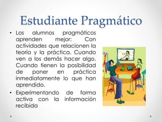 Estudiante Pragmático
• Los alumnos pragmáticos
aprenden mejor: Con
actividades que relacionen la
teoría y la práctica. Cuando
ven a los demás hacer algo.
Cuando tienen la posibilidad
de poner en práctica
inmediatamente lo que han
aprendido.
• Experimentando de forma
activa con la información
recibida
 