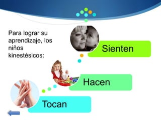 Tocan
Hacen
Sienten
Para lograr su
aprendizaje, los
niños
kinestésicos:
 