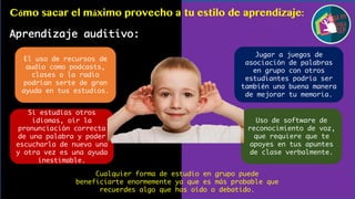 Cómo sacar el máximo provecho a tu estilo de aprendizaje:
Cualquier forma de estudio en grupo puede
beneficiarte enormemente ya que es más probable que
recuerdes algo que has oído o debatido.
Aprendizaje auditivo:
El uso de recursos de
audio como podcasts,
clases o la radio
podrían serte de gran
ayuda en tus estudios.
Si estudias otros
idiomas, oír la
pronunciación correcta
de una palabra y poder
escucharla de nuevo una
y otra vez es una ayuda
inestimable.
Uso de software de
reconocimiento de voz,
que requiere que te
apoyes en tus apuntes
de clase verbalmente.
Jugar a juegos de
asociación de palabras
en grupo con otros
estudiantes podría ser
también una buena manera
de mejorar tu memoria.
 