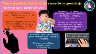 Cómo sacar el máximo provecho a tu estilo de aprendizaje:
Aprendizaje Kinéstesico:
•Plan de lecciones y
actividades que permiten el
movimiento.
•Utilizar juguetes educativos
como un ábaco, modelos, y
los rompecabezas en sus
lecciones.
•Utilizar una computadora
para aprender habilidades y
conceptos.
•Aprender matemáticas,
usando objetos
manipulables.
•Aprender las letras y
palabras, optar por bloques
de madera, cartas y
recortes.
•Buscar actividades de
participación con otros
estudiantes para mejorar el
aprendizaje
 