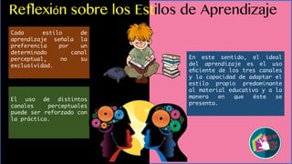 Reflexión sobre los Estilos de Aprendizaje
Cada estilo de
aprendizaje señala la
preferencia por un
determinado canal
perceptual, no su
exclusividad.
El uso de distintos
canales perceptuales
puede ser reforzado con
la práctica.
En este sentido, el ideal
del aprendizaje es el uso
eﬁciente de los tres canales
y la capacidad de adaptar el
estilo propio predominante
al material educativo y a la
manera en que éste se
presenta.
 