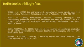 Referencias bibliográficas
• BERNAD, J.A. (1990) Las estrategias de aprendizaje: nueva agenda para el é
xito escolar, Revista de Psicología General y Aplicada, 43 (3), 401-409.
• BIGGS, J.B. (1984a) Motivational patterns, learning strategies, and
subjectively perceived success in secondary and tertiary student, en J.R.
Kirby, (Ed.) Cognitive Strategies and Educational Performance. New York:
Aderllic Press.
• GARCÍA-VALCÁRCEL, A. (1993) Análisis de los modelos de enseñanza empleados
en el ámbito universitario, Revista Española de Pedagogía, año LI, 194,
enero-abril 1993.
• GREGORC, A.F.(1989). Learning / teaching styles and brain behavior, The
Clearinghouse Bulletin, 4, 1-5.
 