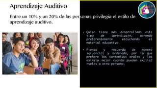 Aprendizaje Auditivo
Entre un 10% y un 20% de las personas privilegia el estilo de
aprendizaje auditivo.
• Quien tiene más desarrollado este
tipo de aprendizaje, aprende
preferentemente escuchando el
material educativo.
• Piensa y recuerda de manera
secuencial y ordenada, por lo que
preﬁere los contenidos orales y los
asimila mejor cuando pueden explicá
rselos a otra persona.
 