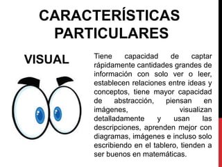 CARACTERÍSTICAS
PARTICULARES
VISUAL Tiene capacidad de captar
rápidamente cantidades grandes de
información con solo ver o leer,
establecen relaciones entre ideas y
conceptos, tiene mayor capacidad
de abstracción, piensan en
imágenes, visualizan
detalladamente y usan las
descripciones, aprenden mejor con
diagramas, imágenes e incluso solo
escribiendo en el tablero, tienden a
ser buenos en matemáticas.
 