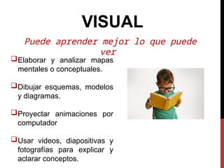 VISUAL
Puede aprender mejor lo que puede
ver
Elaborar y analizar mapas
mentales o conceptuales.
Dibujar esquemas, modelos
y diagramas.
Proyectar animaciones por
computador
Usar videos, diapositivas y
fotografías para explicar y
aclarar conceptos.
 