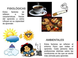 FISIOLÓGICAS
AMBIENTALES
Estos factores se refieren al
entorno físico que rodea al
aprendiz. Cada persona tiene
preferencias distintas sobre las
condiciones en las que se siente
más cómoda para aprender.
Estos factores se
refieren a las
características físicas
del aprendiz y cómo
influyen en su capacidad
de aprender.
 