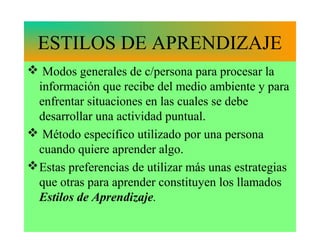 ESTILOS DE APRENDIZAJE
 Modos generales de c/persona para procesar la
  información que recibe del medio ambiente y para
  enfrentar situaciones en las cuales se debe
  desarrollar una actividad puntual.
 Método específico utilizado por una persona
  cuando quiere aprender algo.
 Estas preferencias de utilizar más unas estrategias
  que otras para aprender constituyen los llamados
  Estilos de Aprendizaje.
 