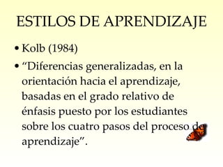 ESTILOS DE APRENDIZAJE Kolb (1984) “ Diferencias generalizadas, en la orientación hacia el aprendizaje, basadas en el grado relativo de énfasis puesto por los estudiantes sobre los cuatro pasos del proceso de aprendizaje”. 