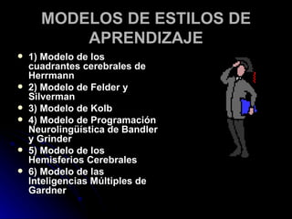 MODELOS DE ESTILOS DE APRENDIZAJE 1) Modelo de los cuadrantes cerebrales de Herrmann 2) Modelo de Felder y Silverman 3) Modelo de Kolb 4) Modelo de Programación Neurolingüística de Bandler y Grinder 5) Modelo de los Hemisferios Cerebrales 6) Modelo de las Inteligencias Múltiples de Gardner 