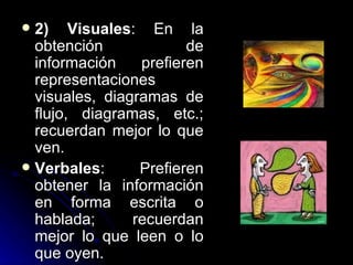 2) Visuales : En la obtención de información prefieren representaciones visuales, diagramas de flujo, diagramas, etc.; recuerdan mejor lo que ven. Verbales : Prefieren obtener la información en forma escrita o hablada; recuerdan mejor lo que leen o lo que oyen. 