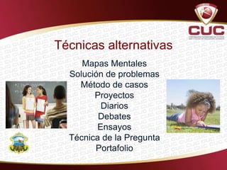 Mapas Mentales
Solución de problemas
Método de casos
Proyectos
Diarios
Debates
Ensayos
Técnica de la Pregunta
Portafolio
Técnicas alternativas
 