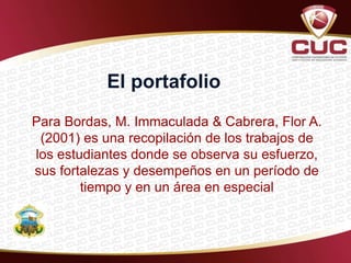 El portafolio
Para Bordas, M. Immaculada & Cabrera, Flor A.
(2001) es una recopilación de los trabajos de
los estudiantes donde se observa su esfuerzo,
sus fortalezas y desempeños en un período de
tiempo y en un área en especial
 