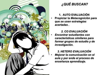 ¿QUÉ BUSCAN?
1. AUTO EVALUACIÓN
• Propiciar la Metacognición para
que se usen estrategias
acertadas .
2. CO EVALUACIÓN
• Encontrar estudiantes con
características similares para
formar grupos de estudio y de
investigación.
3. HETERO EVALUACIÓN
• Mejorar la comunicación en el
aula y por ende el proceso de
enseñanza aprendizaje.
 