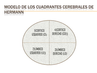 MODELO DE LOS CUADRANTES CEREBRALES DE
HERMANN



             1)CORTICO        4)CORTICO
           IZQUIERDO (CI)   DERECHO (CD))



             2)LÍMBICO       3)LÍMBICO
          IZQUIERDO (LI))   DERECHO (LD)
 