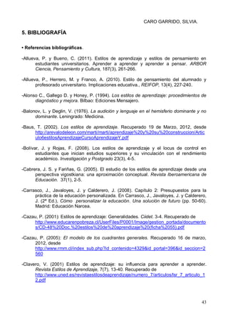CARO GARRIDO, SILVIA.
43
5. BIBLIOGRAFÍA
• Referencias bibliográficas.
-Allueva, P. y Bueno, C. (2011). Estilos de aprendizaje y estilos de pensamiento en
estudiantes universitarios. Aprender a aprender y aprender a pensar. ARBOR
Ciencia, Pensamiento y Cultura, 187(3), 261-266.
-Allueva, P., Herrero, M. y Franco, A. (2010). Estilo de pensamiento del alumnado y
profesorado universitario. Implicaciones educativa., REIFOP, 13(4), 227-240.
-Alonso C., Gallego D. y Honey, P. (1994). Los estilos de aprendizaje: procedimientos de
diagnóstico y mejora. Bilbao: Ediciones Mensajero.
-Balonov, L. y Deglin, V. (1976). La audición y lenguaje en el hemisferio dominante y no
dominante. Leningrado: Medicina.
-Baus, T. (2002). Los estilos de aprendizaje. Recuperado 19 de Marzo, 2012, desde
http://arevalodeleon.com/marti/marti/aprendizaje%20y%20su%20construccion/Artic
ulo6estilosAprendizajeCursoAprendizajeY.pdf
-Bolívar, J. y Rojas, F. (2008). Los estilos de aprendizaje y el locus de control en
estudiantes que inician estudios superiores y su vinculación con el rendimiento
académico. Investigación y Postgrado 23(3), 4-5.
-Cabrera, J. S. y Fariñas, G. (2005). El estudio de los estilos de aprendizaje desde una
perspectiva vigostkiana: una aproximación conceptual. Revista Iberoamericana de
Educación. 37(1), 2-5.
-Carrasco, J., Javaloyes, J. y Calderero, J. (2008). Capítulo 2: Presupuestos para la
práctica de la educación personalizada. En Carrasco, J., Javaloyes, J. y Calderero,
J. (2ª Ed.), Cómo personalizar la educación. Una solución de futuro (pp. 50-60).
Madrid: Educación Narcea.
-Cazau, P. (2001): Estilos de aprendizaje: Generalidades. Ciidet. 3-4. Recuperado de
http://www.educarenpobreza.cl/UserFiles/P0001/Image/gestion_portada/documento
s/CD-48%20Doc.%20estilos%20de%20aprendizaje%20(ficha%2055).pdf
-Cazau, P. (2005): El modelo de los cuadrantes generales. Recuperado 16 de marzo,
2012, desde
http://www.rmm.cl/index_sub.php?id_contenido=4329&id_portal=396&id_seccion=2
560
-Clavero, V. (2001) Estilos de aprendizaje: su influencia para aprender a aprender.
Revista Estilos de Aprendizaje, 7(7), 13-40. Recuperado de
http://www.uned.es/revistaestilosdeaprendizaje/numero_7/articulos/lsr_7_articulo_1
2.pdf
 