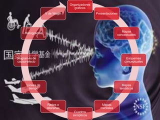 Organizadores
gráficos
Presentaciones
Mapas
conceptuales
Esquemas
conceptuales
Mapas
temáticos
Mapas
mentales
Cuadros
sinópticos
Redes o
telarañas
Líneas de
tiempo
Diagramas de
causa-efecto
Histogramas
V de Wogin
 