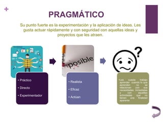 +
PRAGMÁTICO
Su punto fuerte es la experimentación y la aplicación de ideas. Les
gusta actuar rápidamente y con seguridad con aquellas ideas y
proyectos que les atraen.
• Práctico
• Directo
• Experimentador
• Realista
• Eficaz
• Actúan
•Les cuesta trabajo
aprender cuando lo que
aprenden no se
relacionan con sus
necesidades inmediatas
y con aquellas
actividades que no
tienen una finalidad
aparente
 