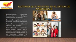 FACTORES QUE INFLUYEN EN EL ESTILO DE
APRENDIZAJE
• Intrapersonales: Cognitivos
(maduración biológica,
entrenamiento intelectual)
• Emocionales (equilibrio afectivo,
hormonal, conflictos, motivación)
• Corporales (modificación
fisiológica, voz, edad etc.)
• Socioambientales: ventilación,
ruido, espacio, Familia, Barrio,
situación económica, escuela,
grupo de clase, programación de
las materias, proceso de
enseñanza de cada docente, etc.
 