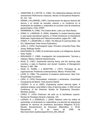 − HANSFORD, B. y HATTIE, A. (1982). The relationship between self and
  achievement/ Performance measures. Review of Educational Research,
  52, 123 - 142.
− HERAN y VILLARROEL (1987). Caracterización de algunos factores del
  alumno y su familia de escuelas urbanas y su incidencia en el
  rendimiento de castellano y matemática en el primer ciclo de enseñanza
  general básica. Chile: CPEIP.
− HERRMANN, N. (1990). The Creative Brain. Lake Lure: Brain Books.
− HONG, H. y KINSHUK, D. (2004). Adaptation to student learning styles
  in web based educational systems. In World Conference on Educational
  Multimedia, Hypermedia and Telecommunications, pages 491 – 496.
− HONEY, P. y MUMFORD, A. (1992). The Manual of Learning Styles. (3a
  Ed.). Maidenhead: Peter Honey Publications.
− JUNG, C. (1976). Psychological Types. Princeton University Press, New
  Jersey: Bollingen Series.
− KACZYNSKA, M. (1986). El rendimiento escolar y la inteligencia. Buenos
  Aires: Paidós.
− KERLINGER, F. (1988). Investigación del comportamiento. Técnicas y
  métodos. México: Editorial Interamericana.
− KOLB, D. (1981). Experiential learning theory and the learning style
  inventory: a reply to freedman and stumpf. Academy of Management
  Review, 6, 289 - 296.
− KOLB, D.; RUBIN, I. y MCINTYRE, J. (1977). Psicología de las
  organizaciones: Problemas contemporáneos. México: Prentice Hall.
− LAVIN, D. (1965). The prediction of academic performance. New York:
  Russell Sage Foundation.
− LERA, O. (1975) Personalidad, motivación y rendimiento. Universidad
  Complutense de Madrid. Tesis doctoral, Madrid.
− LIVESAY, G. et al. (2002). Engineering student learning styles: A
  statistical analysis using felder's index of learning styles. In 2002 Annual
  Conference of the American Society for Engineering Education,
  Montreal, Quebec.
− LÓPEZ, P. (1970) Predicción del éxito en el bachillerato superior.
  Revista de Psicología General y Aplicada, 102.
− LUENGO, R. y GONZÁLEZ, J. (2005). Relación entre los estilos de
  aprendizaje, el rendimiento en matemáticas y la elección de asignaturas
  optativas en alumnos de enseñanza secundaria obligatoria (E.S.O).
  Revista Iberoamericana de Educación Matemática, 3, 25-46.
  Recuperado          el    12       de      marzo       de       2008,    de
  http://www.fisem.org/descargas/3/Union_003_006.pdf
 