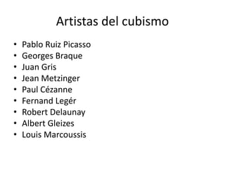 Artistas del cubismo
• Pablo Ruiz Picasso
• Georges Braque
• Juan Gris
• Jean Metzinger
• Paul Cézanne
• Fernand Legér
• Robert Delaunay
• Albert Gleizes
• Louis Marcoussis
 