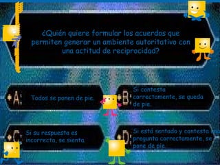 ¿Quién quiere formular los acuerdos que
permiten generar un ambiente autoritativo con
una actitud de reciprocidad?
Todos se ponen de pie.
Si contesta
correctamente, se queda
de pie.
Si su respuesta es
incorrecta, se sienta.
Si está sentado y contesta una
pregunta correctamente, se
pone de pie.
 