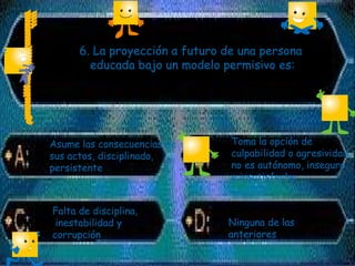 6. La proyección a futuro de una persona
educada bajo un modelo permisivo es:
Falta de disciplina,
inestabilidad y
corrupción
Ninguna de las
anteriores
Toma la opción de
culpabilidad o agresividad,
no es autónomo, inseguro
e insatisfecho
Asume las consecuencias de
sus actos, disciplinado,
persistente
 