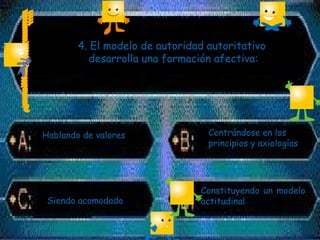 4. El modelo de autoridad autoritativo
desarrolla una formación afectiva:
Siendo acomodado
Hablando de valores
Constituyendo un modelo
actitudinal
Centrándose en los
principios y axiologías
 