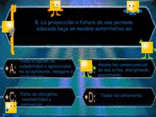 8. La proyección a futuro de una persona
educada bajo un modelo autoritativo es:
Falta de disciplina,
inestabilidad y
corrupción
Toma la opción de
culpabilidad o agresividad,
no es autónomo, inseguro e
insatisfecho
Asume las consecuencias
de sus actos, disciplinado,
persistente
Todas las anteriores
 