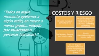 COSTOS Y RIESGO
Elevados niveles de
cortisol (Estrés)
Las conductas pasivas-
agresivas son las más
destructivas por su
naturaleza indirecta y
deshonesta
Tira la puerta de rabia,
pero no dice nada
Suspira
dramáticamente pero
no dice nada
En vez de pedir
abiertamente lo que
quiere, manipula para
conseguir lo que
quiere
“Todos en algún
momento apelamos a
algún estilo, en mayor o
menor grado… influido
por situaciones o
personas (cercanas)..”
 