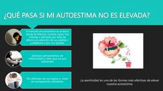 ¿QUÉ PASA SI MI AUTOESTIMA NO ES ELEVADA?
A menudo el autoestima se arrastra
desde la infancia, muchas veces, fue
influida o afectada por falta de
afecto y/o atención de sus padres /
cuidadores o por sus iguales.
Generan pensamientos de
inferioridad y creen que no son
suficientes
No disfrutan de sus logros y viven
en comparación constante. La asertividad es una de las formas más efectivas de elevar
nuestra autoestima.
 