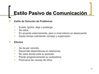 Estilo Pasivo de Comunicación
   Estilo de Solución de Problemas

       Evade, ignora, deja o posterga.
       Se retira.
       En acuerdo externamente, pero a nivel interno en desacuerdo.
       Gasta tiempo solicitando consejo y supervisión.

   Efectos

       Se da por vencido.
       Desarrolla dependencia en relaciones.
       No sabe donde está su posición.
       Pierde progresivamente su autoestima.
       Promueve las causas de otros.


                                                                       18
 