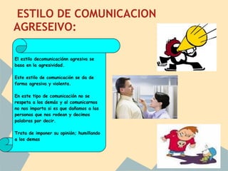 ESTILO DE COMUNICACION
AGRESEIVO:

El estilo decomunicaciónn agresiva se
basa en la agresividad.

Este estilo de comunicación se da de
forma agresiva y violenta.

En este tipo de comunicación no se
respeta a los demás y al comunicarnos
no nos importa si es que dañamos a las
personas que nos rodean y decimos
palabras por decir.

Trata de imponer su opinión; humillando
a los demas
 
