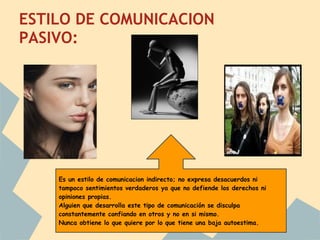 ESTILO DE COMUNICACION
PASIVO:




    Es un estilo de comunicacion indirecto; no expresa desacuerdos ni
    tampoco sentimientos verdaderos ya que no defiende los derechos ni
    opiniones propias.
    Alguien que desarrolla este tipo de comunicación se disculpa
    constantemente confiando en otros y no en si mismo.
    Nunca obtiene lo que quiere por lo que tiene una baja autoestima.
 