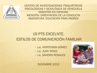 CENTRO DE INVESTIGACIONES PSIQUIÁTRICAS
   PSICOLÓGICAS Y SEXOLÓGICA DE VENEZUELA
            MAESTRÍA EN CIENCIAS
    MENCIÓN: ORIENTACIÓN DE LA CONDUCTA
     ASIGNATURA: EDUCACIÓN PARA PADRES




        19 PTS EXCELNTE.
ESTILOS DE COMUNICACIÓN FAMILIAR
           Lic. HORTENSIA GÓMEZ
           Lic. JUAN YANEZ

           Lic. SANDRA ROSALES




              DICIEMBRE 2012
 