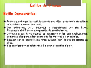 Estilos de Crianza
Estilo Democrático:
 Padres que dirigen las actividades de sus hijos, prestando atención a
su edad y sus características.
 Son exigentes, pero amorosos y respetuosos con sus hijos.
Favorecen el diálogo y la expresión de sentimientos.
 Corrigen a sus hijos cuando es necesario y les dan explicaciones
comprensibles para ellos, acerca de los motivos de un castigo.
 Enseñan con el ejemplo, los niños pueden “ver” lo que se espera de
ellos.
 Sus castigos son consistentes. No usan el castigo físico.
 