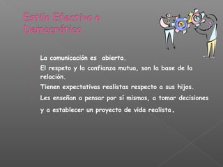  La comunicación es abierta.
 El respeto y la confianza mutua, son la base de la
relación.
 Tienen expectativas realistas respecto a sus hijos.
 Les enseñan a pensar por sí mismos, a tomar decisiones
y a establecer un proyecto de vida realista.
 