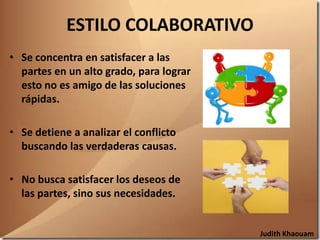 ESTILO COLABORATIVO
• Se concentra en satisfacer a las
  partes en un alto grado, para lograr
  esto no es amigo de las soluciones
  rápidas.

• Se detiene a analizar el conflicto
  buscando las verdaderas causas.

• No busca satisfacer los deseos de
  las partes, sino sus necesidades.


                                         Judith Khaouam
 