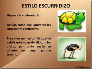 ESTILO ESCURRIDIZO
• Huyen a la confrontación.

• Actúan como que ignoraran las
  situaciones conflictivas.

• Para ellos no hay conflicto, y de
  existir este no es de ellos, ni les
  afecta, por tanto según su
  criterio, no tienen porque
  tratarlo.


                                        Judith Khaouam
 
