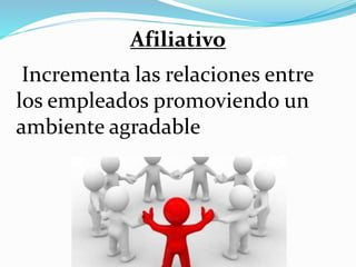 Incrementa las relaciones entre
los empleados promoviendo un
ambiente agradable
Afiliativo
 