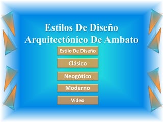 Estilos De Diseño
Arquitectónico De Ambato
       Estilo De Diseño

          Clásico

         Neogótico
         Moderno
            Video
 