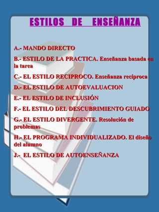 ESTILOS   DE   ENSEÑANZA   A.- MANDO DIRECTO B.- ESTILO DE LA PRACTICA. Enseñanza basada en la tarea C.- EL ESTILO RECIPROCO. Enseñanza recíproca D.- EL ESTILO DE AUTOEVALUACION E.- EL ESTILO DE INCLUSIÓN F.- EL ESTILO DEL DESCUBRIMIENTO GUIADO G.- EL ESTILO DIVERGENTE. Resolución de problemas H.- EL PROGRAMA INDIVIDUALIZADO. El diseño del alumno J.-  EL ESTILO DE AUTOENSEÑANZA 